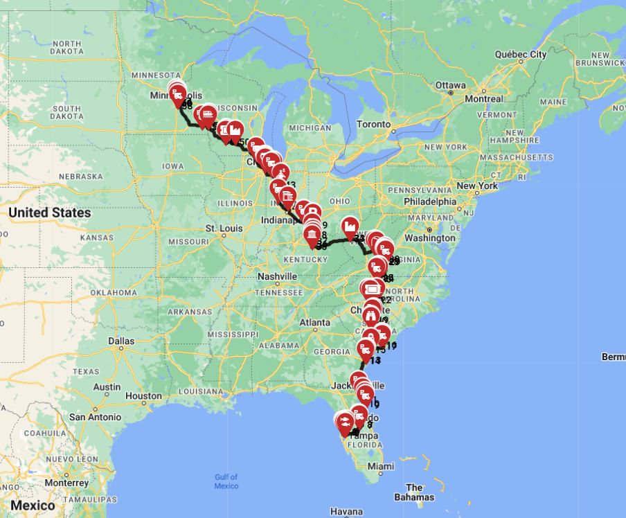 Heading north from Tampa to Minneapolis an RV journey full route